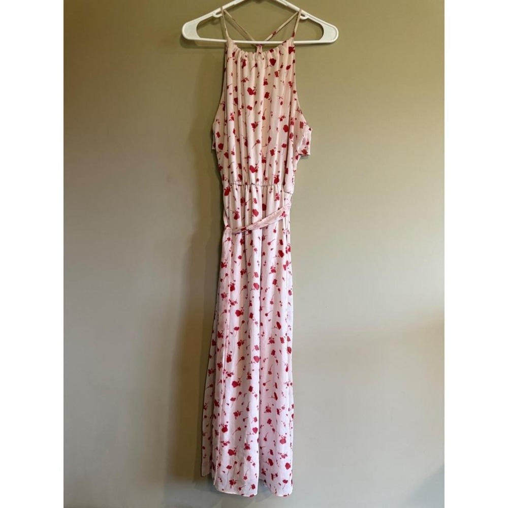 Lush Pink Red Floral Halter Maxi Dress Ruffle‎ Back Tie Waist Womens Medium
